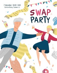 Color swap party poster. Banner with girl and boy dancing with different clothes scattering around them hand drawn in modern style. Eco and mindful living concept. Cute cartoon vector illustration