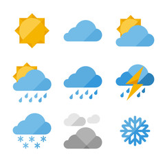 Weather icons set in flat style with clouds, sun, rain and snow