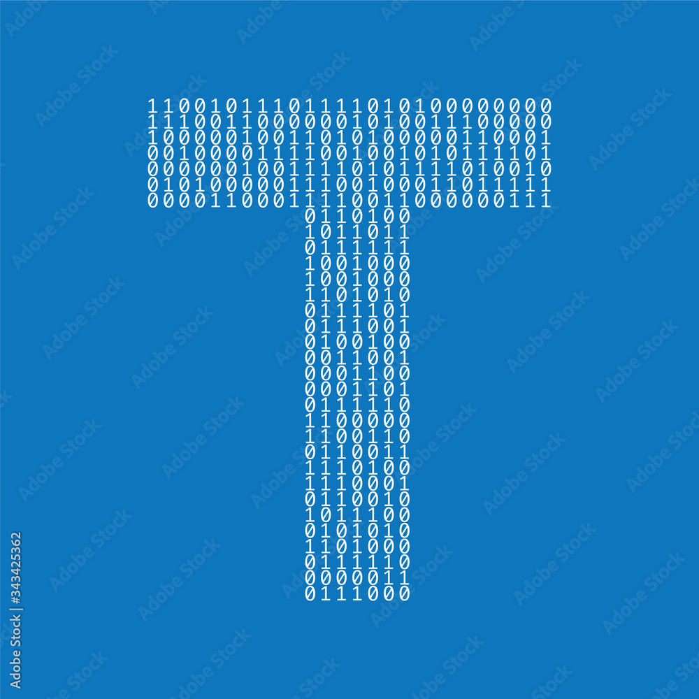 Poster letter t made from binary code digits. technology background