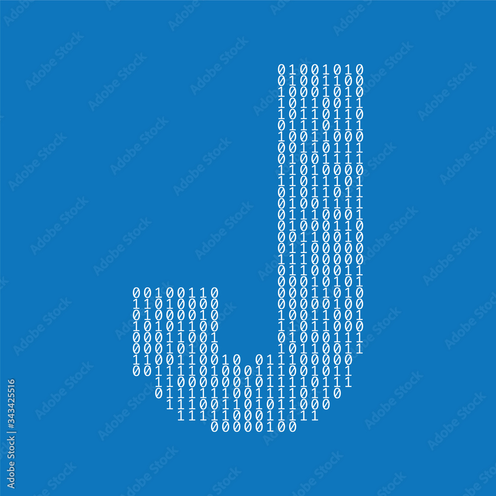 Poster letter j made from binary code digits. technology background