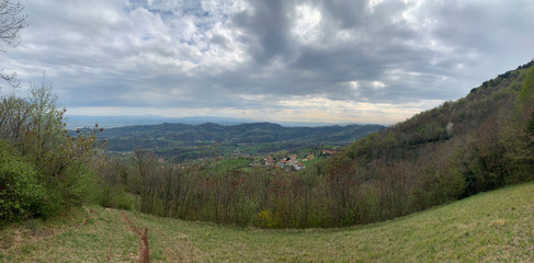 rural landscape with green field and blue sky