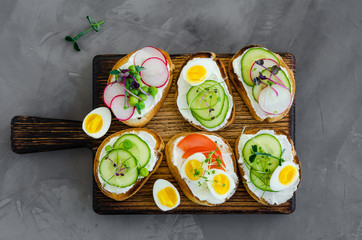 Variety of vegetarian sandwiches, toasts for breakfast with fresh vegetables, boiled quail eggs and micro greens on a board on a dark concrete background. Horizonal orientation. Top view. Close up.