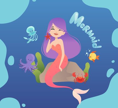 Cute mermaid. Happy sea princess sitting on stone, poster. Jellyfish, octopus and fishes vector illustration. Princess sea underwater, mermaid pretty