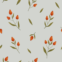 Seamless pattern with cute little red berries on a green background