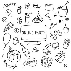 Online party icon set. Online party, birthday celebration during quarantine. Doodle icons. Hand drawn vector illustration