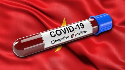 Obraz premium Flag of Vietnam waving in the wind with a positive Covid-19 blood test tube. 3D illustration concept for blood testing for diagnosis of the new Corona virus.