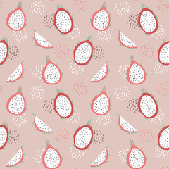 Pink seamless pattern with sliced pitaya, dragon fruit and dots. Summer textile, fabric or scrapbooking design with fruit and abstract shapes. Tropical hand drawn vector illustration background.