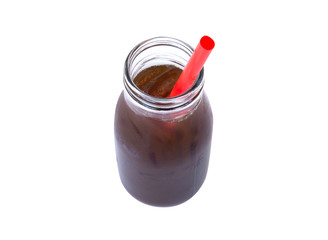 Ice of americano in glass bottle isolated on white background