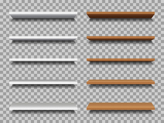 Empty shelves on wall in store. 3d blank table, stand in supermarket for exhibition. Wooden bookcase and showcase for retail. Mockup of bookshelf in front. Decoration, elegant panel. Vector Empty shelves on wall in store. 3d blank table, stand in supermarket for exhibition. Wooden bookcase and showcase for retail. Mockup of bookshelf in front. Decoration, elegant panel. Vector