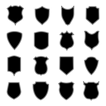 Set shield shapes. Badge, crest and icon of security. Blank black banner and emblem for coat of safety service or police. Heraldic, medieval, military concept. Logo soccer. Medal or insignia. Vector