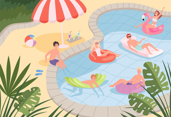 Naklejka premium Swimming pool. Happy characters family couples relax on the beach or pool outdoor vacation kids playing on rubber mattress vector background. Summer pool water, resort leisure, swim relax illustration