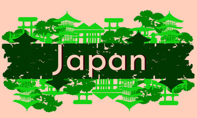 Fototapeta premium Japanese vector travel banner. Bright traditional Japanese architecture in a flat style. Vector illustration.