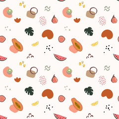 Summer seamless pattern with watermelon, papaya, kiwi, figs, monstera leaves and abstract geometric shapes. Tropical textile, fabric design with fruit. Hand drawn vector illustration background.