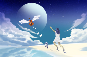 illustration The woman who returned home with the bike stopped taking photos of the moon.  Digital Painting