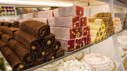 Colourful nougat and Turkish Delight on display in store, Istanbul, Turkey