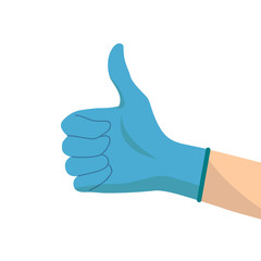 The nurse or doctor wears blue disposable glove, like, thumb up. Flat design.Vector illustration stock. Hands putting on protective blue gloves. Coronavirus and self protective concept. Latex gloves