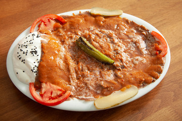 Turkish traditional iskender kebab. Yoghurt.