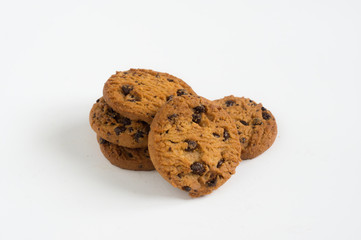 Sweet chocolate chips cookies on white background.
