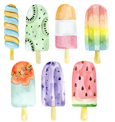 Watercolor set of ice cream. Summer colorfull dessert on isolated white background for party card, greeting card, banner, birhtday.