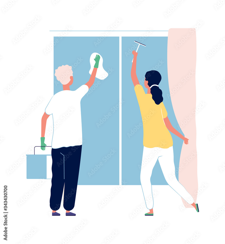 Sticker cleaning service. people washing windows. man and woman clean house, household vector illustration. 