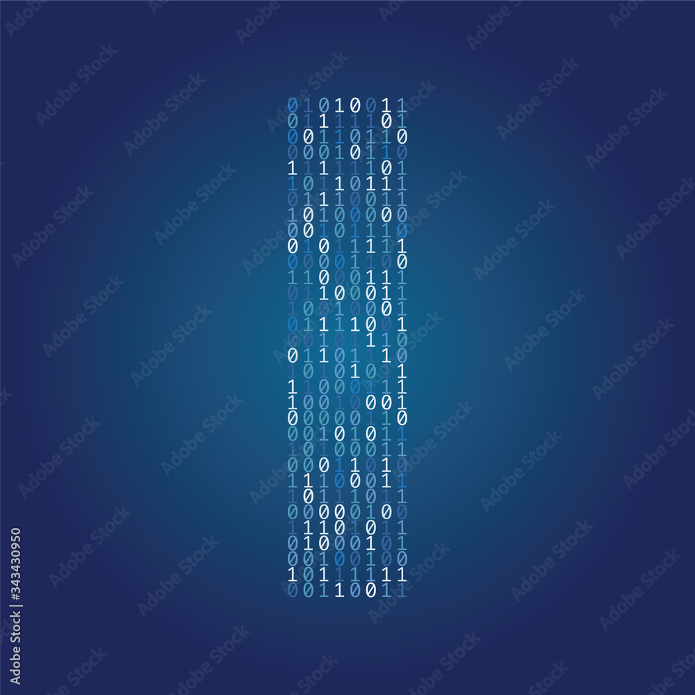 Poster Letter I font made from binary code digits on a dark blue background