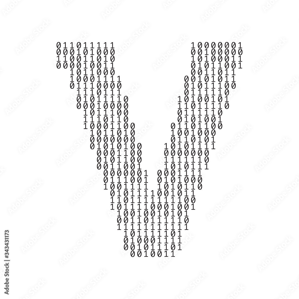 Poster letter v made from binary code digits. technology background