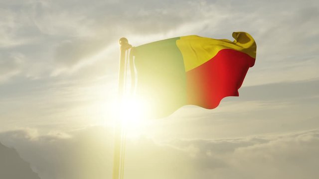 Flag of Benin Waving in the wind, Sky and Sun Background, Slow Motion, Realistic Animation, 4K UHD 60 FPS Slow-Motion