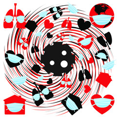 Covid vortex 19, Coronavirus sketchy icons of Sediment, lungs, globe, home and mask. vector illustration, incographics, isolate