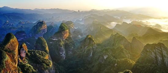 Panoramic Landscape of stone mountains and sunrise,  China