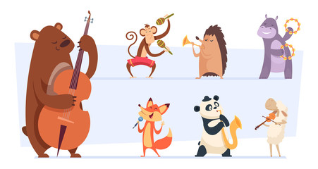 Animals musicians. Wild cartoon zoo animals with musical instruments vocal and song play band with guitar violin vector funny set. Hedgehog and hippopotamus, melody play concert illustration © ONYXprj