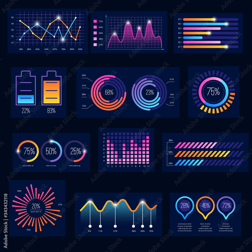 Poster Modern infographic. Business future charts monitor screen dark ui theme bullets frames diagram graph vector simple dashbord elements. Illustration infographic data, user hologram diagram