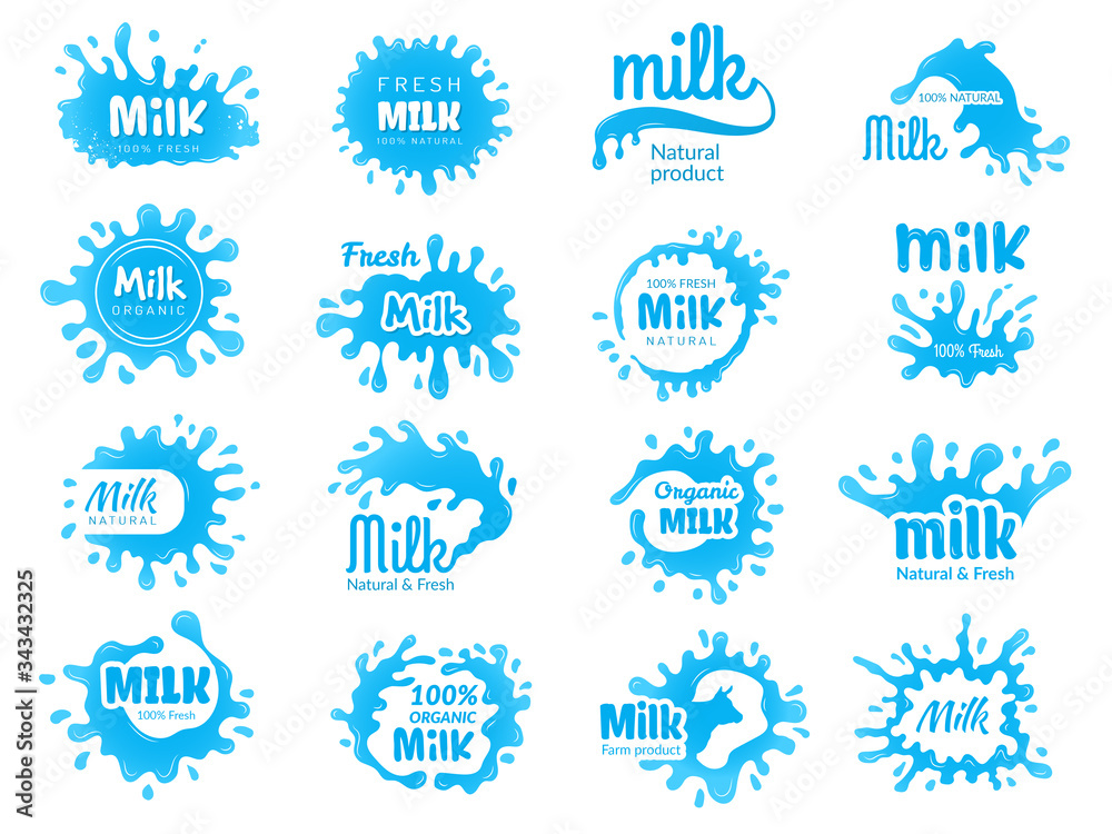 Sticker dairy food logo. milk yoghurt and lecho farm badges design with flowing liquid dairy products with s