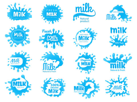 Dairy food logo. Milk yoghurt and lecho farm badges design with flowing liquid dairy products with splashes vector set. farm, Milk cream and dairy liquid logo, fresh drink badge illustration