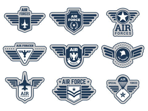 Air force labels. Vintage army badges military symbols eagle wings and weapons vector illustrations set. Military army logo, sticker vintage badge