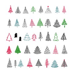 Set hand-drawn sketch Christmas and New Year tree. Vector illustration