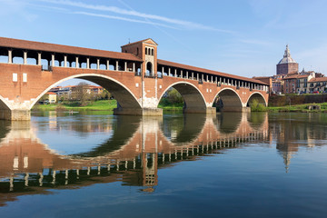 Fototapeta na wymiar Ponte Coperto (Coperto Bridge) On The Ticino River, Pavia, Italy