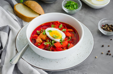 Beetroot soup with vegetables, boiled egg, sour cream and green onions on top in a bowl on a dark concrete background. Horizontal orientation.