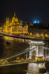 The city of Budapest and it's Chain Bridge at night.