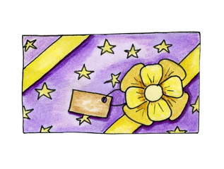 Wrapped violet box with yellow ribbon, bow and stars isolated on white. Watercolor hand drawn illustration in cartoon style. Concept of surprise, present for children, happy birthday, merry christmas.