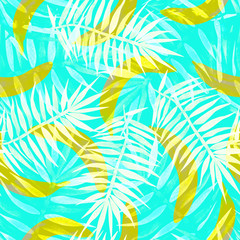 Fototapeta na wymiar fresh seamless pattern with bananas and palm leaves on a blue background