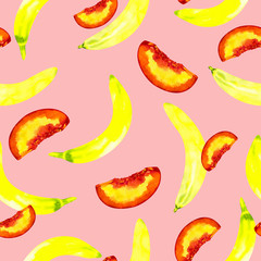 juicy appetizing fruits seamless pattern with banana and peach on a pink background