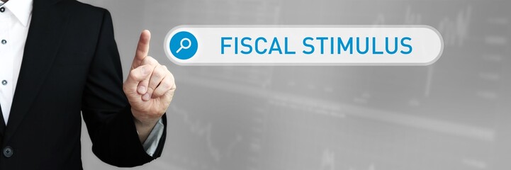 Fiscal Stimulus. Man in a suit points a finger at a search box. The word Fiscal Stimulus is in the search. Symbol for business, finance, statistics, analysis, economy