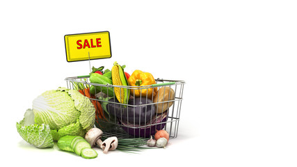 grocery basket with vegetables and fruits concept of fresh food sale 3d render on white