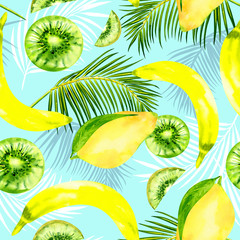 Fototapeta na wymiar Seamless pattern with tropical fruits and palm leaves on a blue background, watercolor kiwi, mango, banana print.