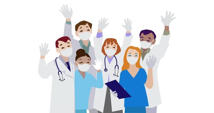 Animation of doctors and nurses team waving to camera.