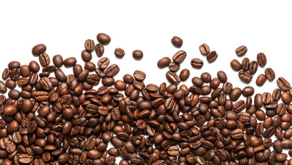 Roasted arabica coffee beans isolated on white background. Group of brown grains.