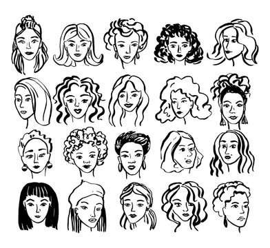 Hand drawn face collection. Trendy woman face set with abstract line shapes, minimal girl face. Vector stylized design illustration
