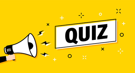 Male hand holding megaphone with quiz speech bubble. Loudspeaker. Banner for business, marketing and advertising. Vector illustration.