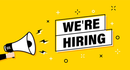 Male hand holding megaphone with we're hiring speech bubble. Loudspeaker. Banner for business, marketing and advertising. Vector illustration.