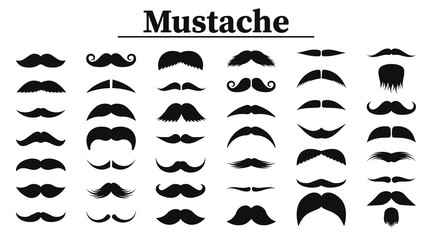 Set of mustaches. Black silhouettes mustache. Men's mustaches, hipster, gentleman, barbershop. Vector Illustration.